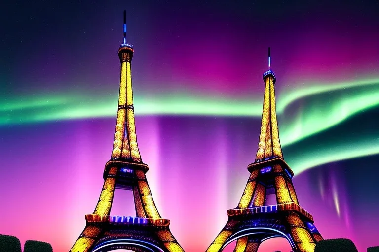 Eiffel tower but bigger and made from diamonds , mild aurora , flying cars passing by