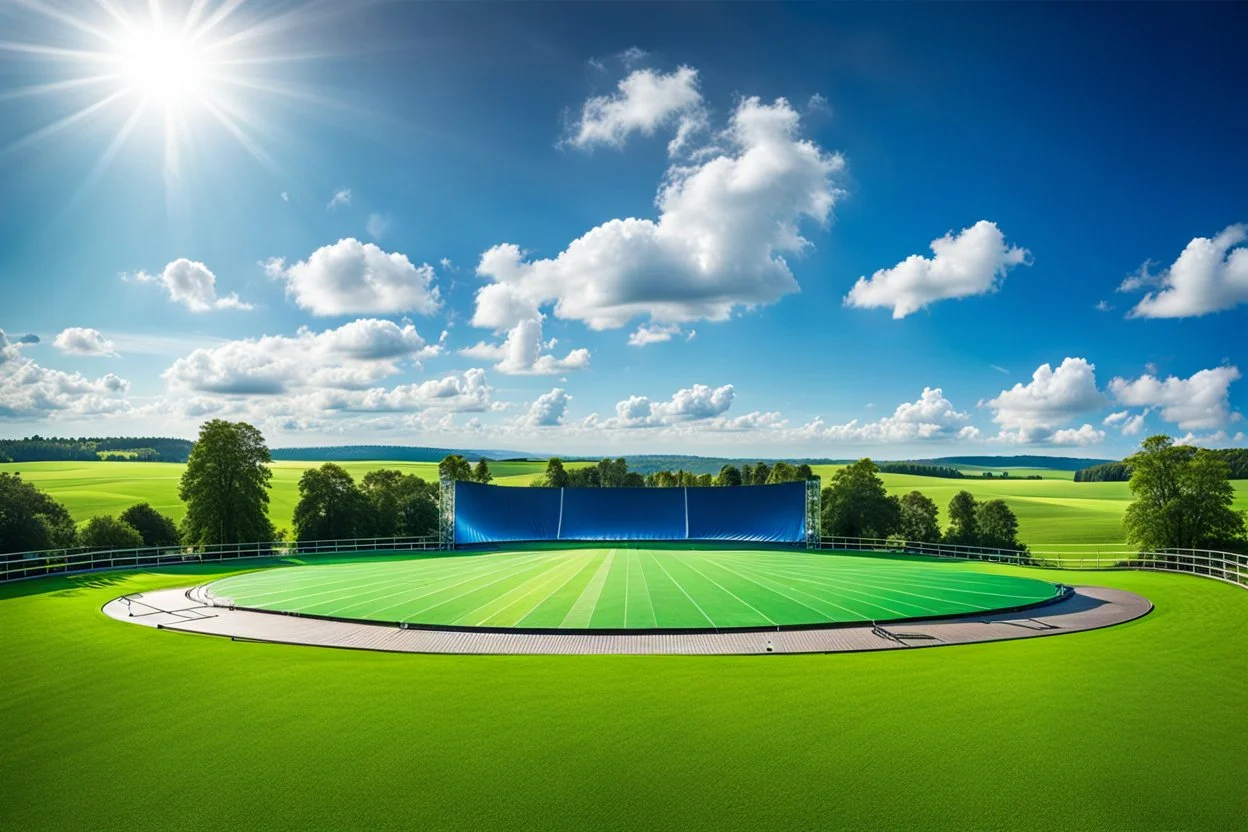 a big open disko stage in country side environment ,green field , at distance,blue sky pretty clouds .