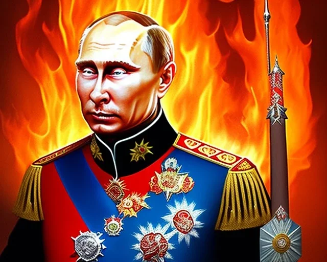 evil Russia president satan fangs Vladimir Putin, Moscow in fire