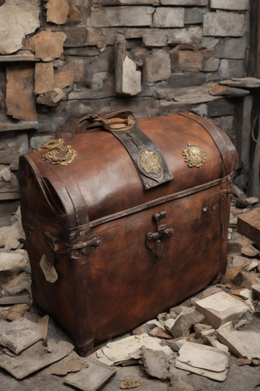 in the BASEMENT there is an old, broken brown oblong leather chest with short handles, from which gold coins from the time of Catherine the Great fall out. The ancient coat of arms of tsarist Russia, the double-headed eagle, is BARELY VISIBLE on the bag. There are a lot of broken bricks and earth around the bag. All in high quality 8K