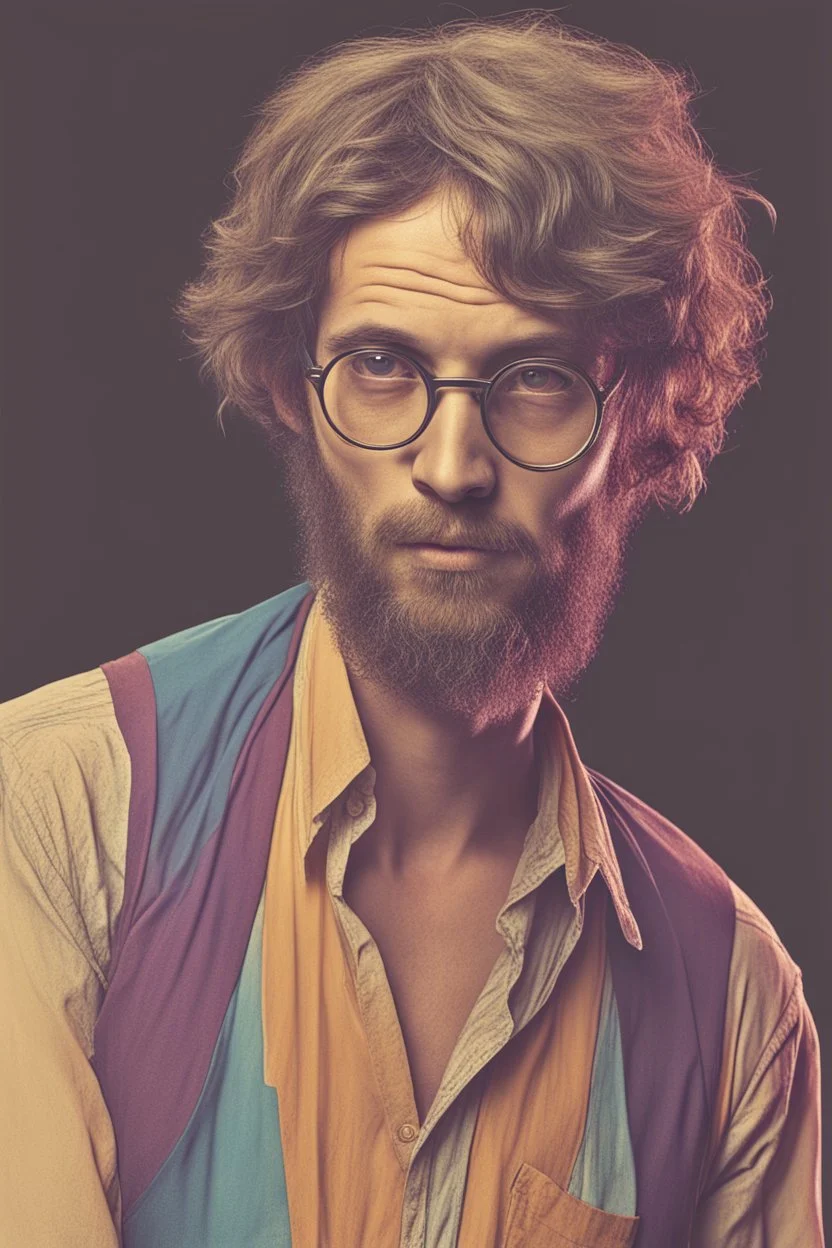 bohemian young ugly man with Parisian bohemian look and glasses of colours and poor and short short short and poor hair on the head with receding hairline. Farsightedness glasses with big eyes. Shirt beard in the head. Vintage look and feel like photo style-of the 70s