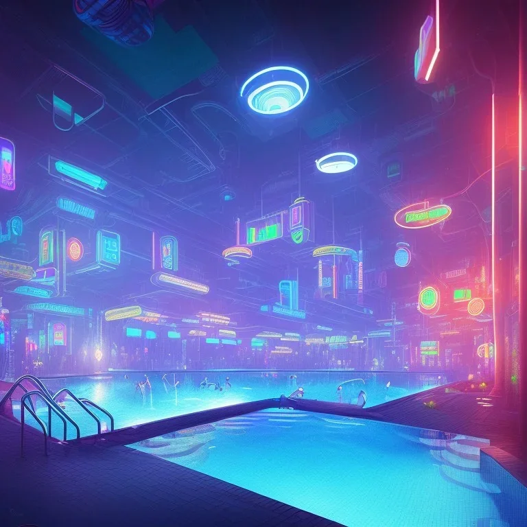 schwimmbad in banglaroad,dampf, handtücher, menschliche gäste, cyberpunk art, neonlights, night, 8k, extremly detailed,