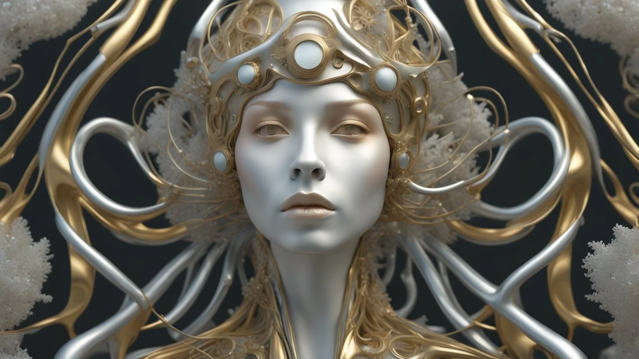 figure of a woman, art from the "art of control" collection by Jasper Harvey, in the style of futuristic optics, silver and gold, flower, bird, plant branches, detailed facial features, swirling vortices, 8k 3d, bizarre cyborgs made of crystals, high detail, high resolution, 8K