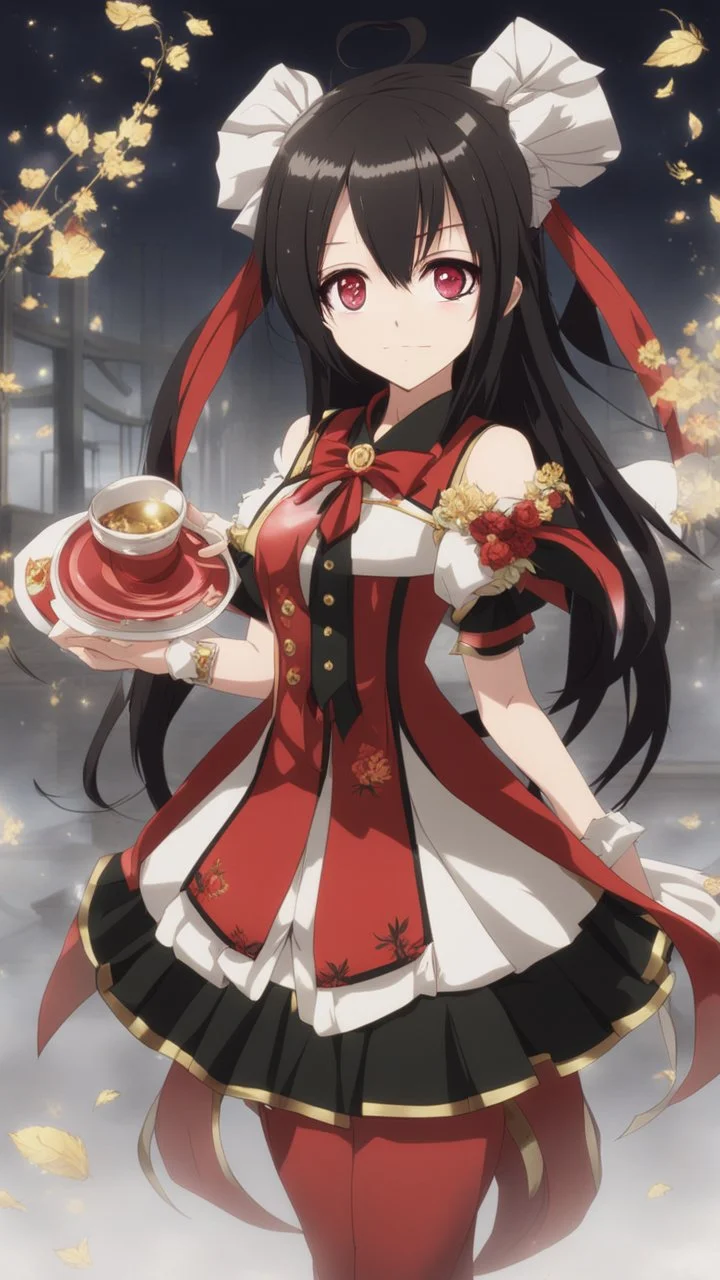 Tokisaki Kurumi appears to be elegant and has very polite manners, ivory skin and long, evil smile, crazy smile, black hair usually tied in long twin tails, deferent Eyes colors, right eye is red-tinted color, left eye appears as a golden color, inorganic clock face, a girl with astonishing beauty, wearing her astral black and red dress 'Elohim', left golden eye, intricate details, highly detailed