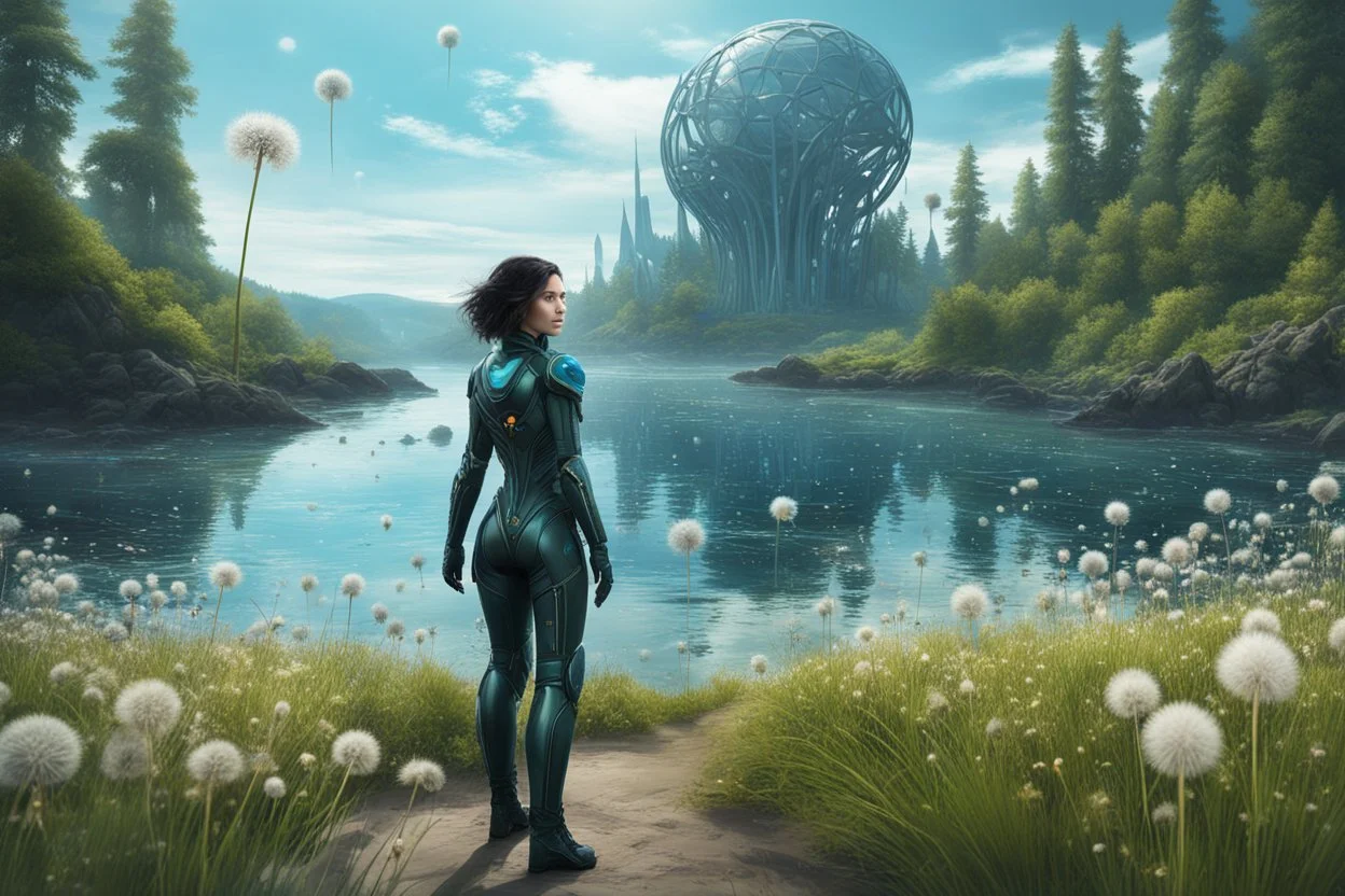 young woman in an android suit with dark hair, standing on the shore of an alien sea, with flying forests of dandelion seed head trees in the distance