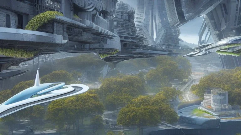 people watching a futuristic ship flying above a utopian city. bridges, roads, balconies, trees, dense foliage, river, pathways, detailed photorealistic