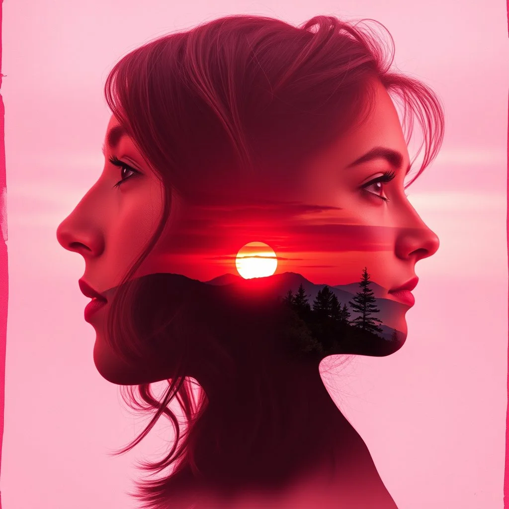 Double Exposure Of A Beautiful Women (Face) With Mini Maroon Whirling Hearts With Cloudy Sunset And Small Pine Trees On Mountains in a Grunge Pink And Red Background.