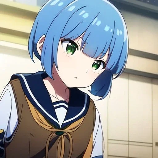 Clear focus, High resolution, short light blue hair, low twintails behind head, ribbion on twintail, straight long locks, green eyes, wearing a sailor uniform, wearing a sailor skirt, wearing a brown vest, cute, 1girl, anime screencap, chopped bangs, bob cut