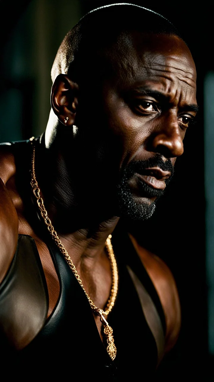 idris elba x morris cheshunt as a handsome dark skinned and muscular heavy set man with a bald head and neatly trimmed beard. he is wearing a leather waistcoat and no shirt. he has a gold earing in his left ear