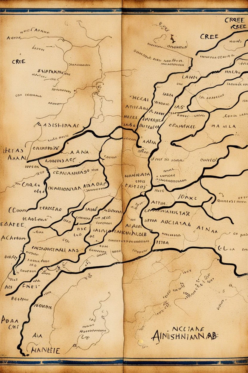 a scan of an ancient Cree Anishinaabe road map, hand drawn been stained and weathered, text is in Cree Syllabic