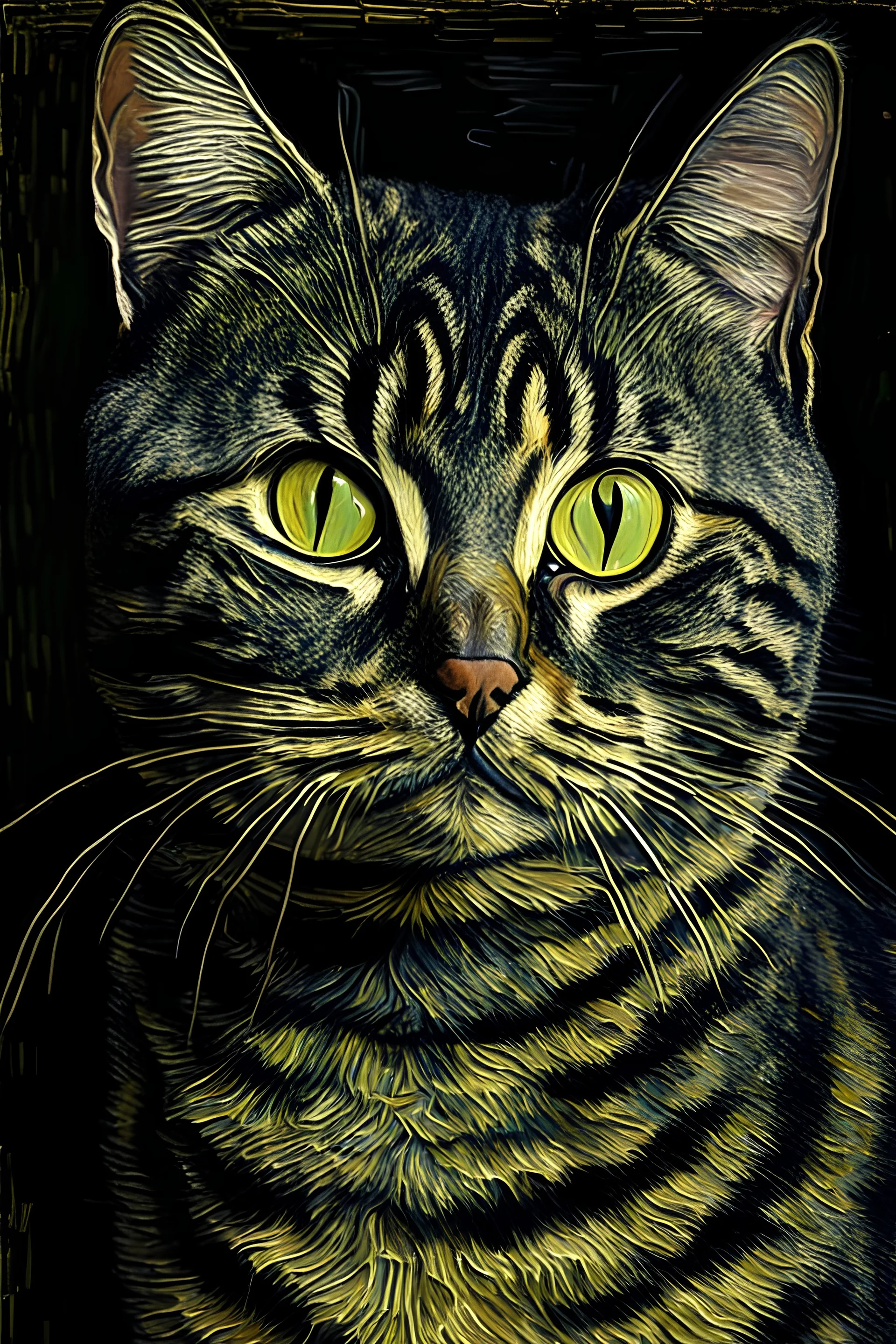 Portrait of a black, brown and grey tabby cat by Van Gogh