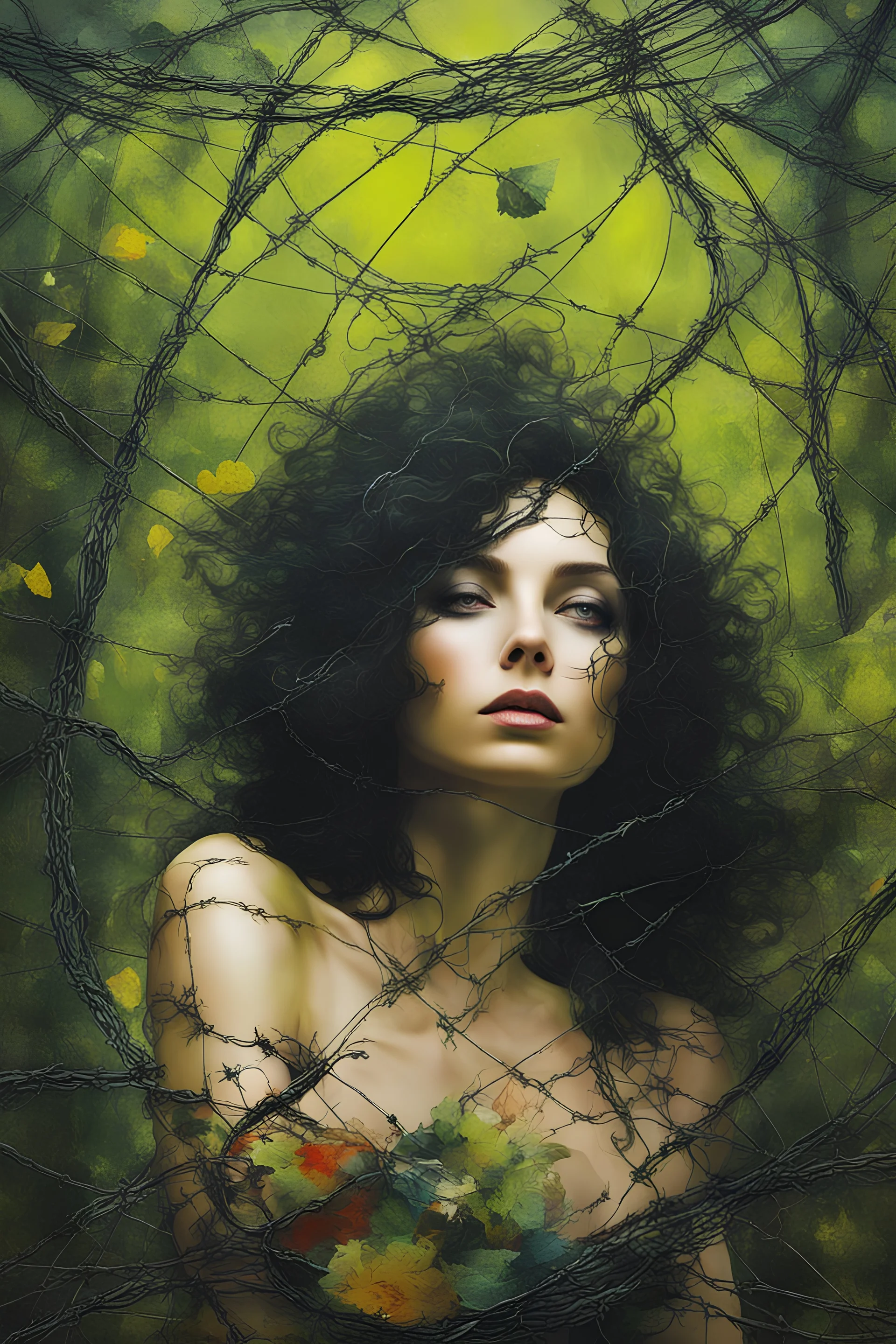 abstract creation of a beautiful girl with black curly hair, surrounded by green forest, wrapped in barbed wire, glass petals on the ground, summer and bright colours, chaos,