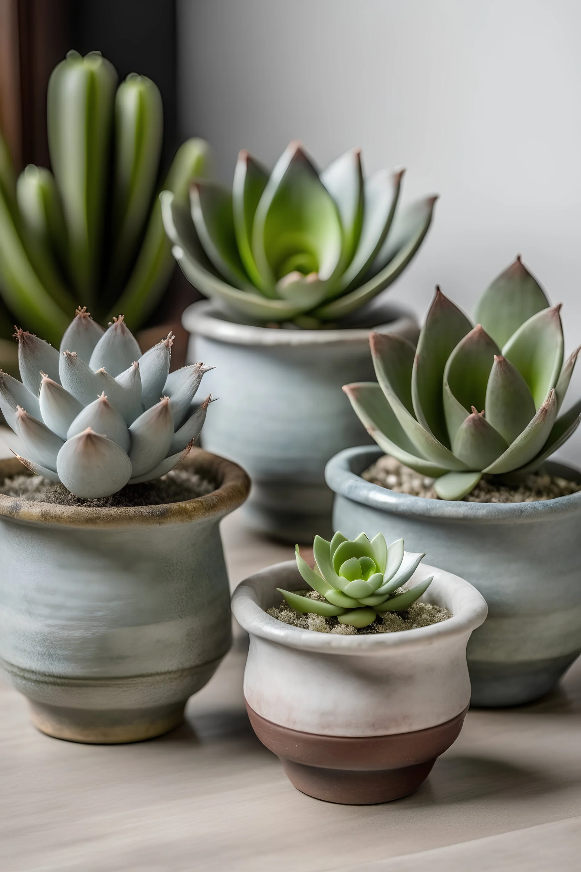 Generate an image of a set of vintage-inspired mini concrete succulent planters shaped like delicate teacups, each holding a charming succulent.