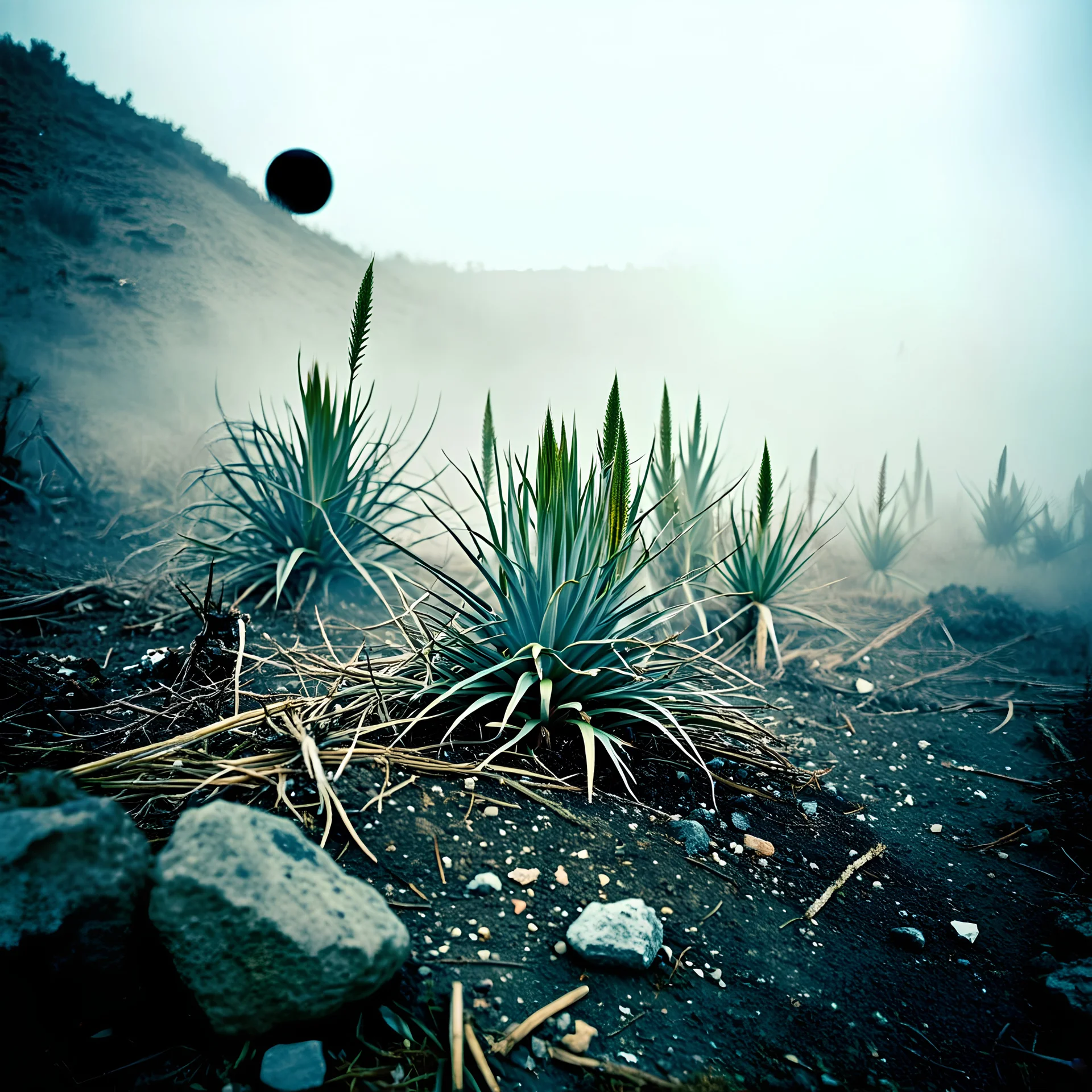 A striking quality Kodak photograph captures a wasteland with a group of plants, creepy, details of the dust and of the plants very accentuated, glossy organic mass, adorned with minerals and rocks. Bathed in intense light, eerie, Max Ernst style, black sun, fog, colours