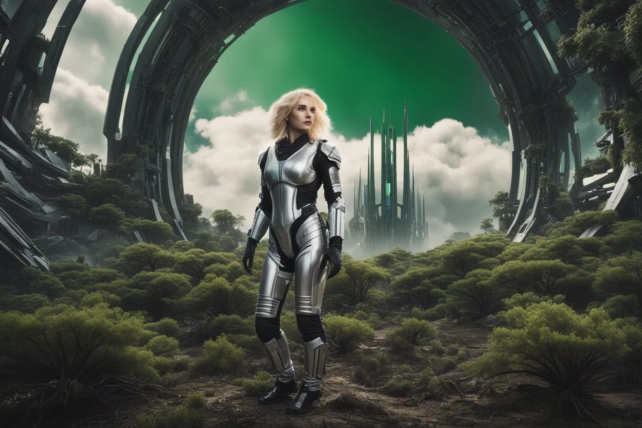 Wide angle photo of a sci-fi woman with blond hair, silver and black futuristic spacesuit looking android-like, standing on a derelict alien jungle planet with cloud trees in multiple green hues