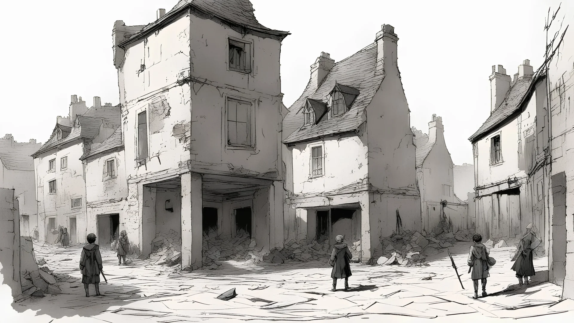 The village square, now a battlefield with signs of destruction around. The sky is split between darkness and light as boy and the Dark men clash