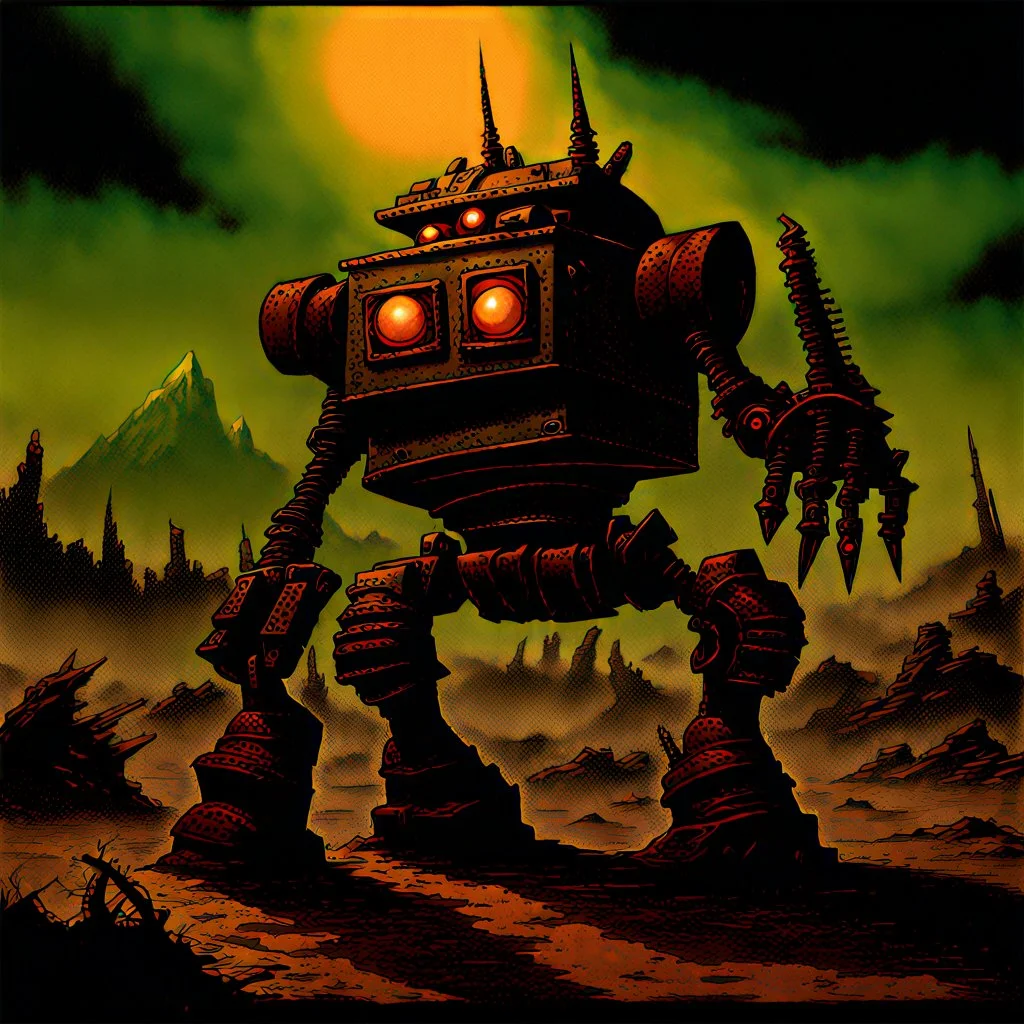 90's TCG art retro fantasy art of scrap robot monster post apocalyptic