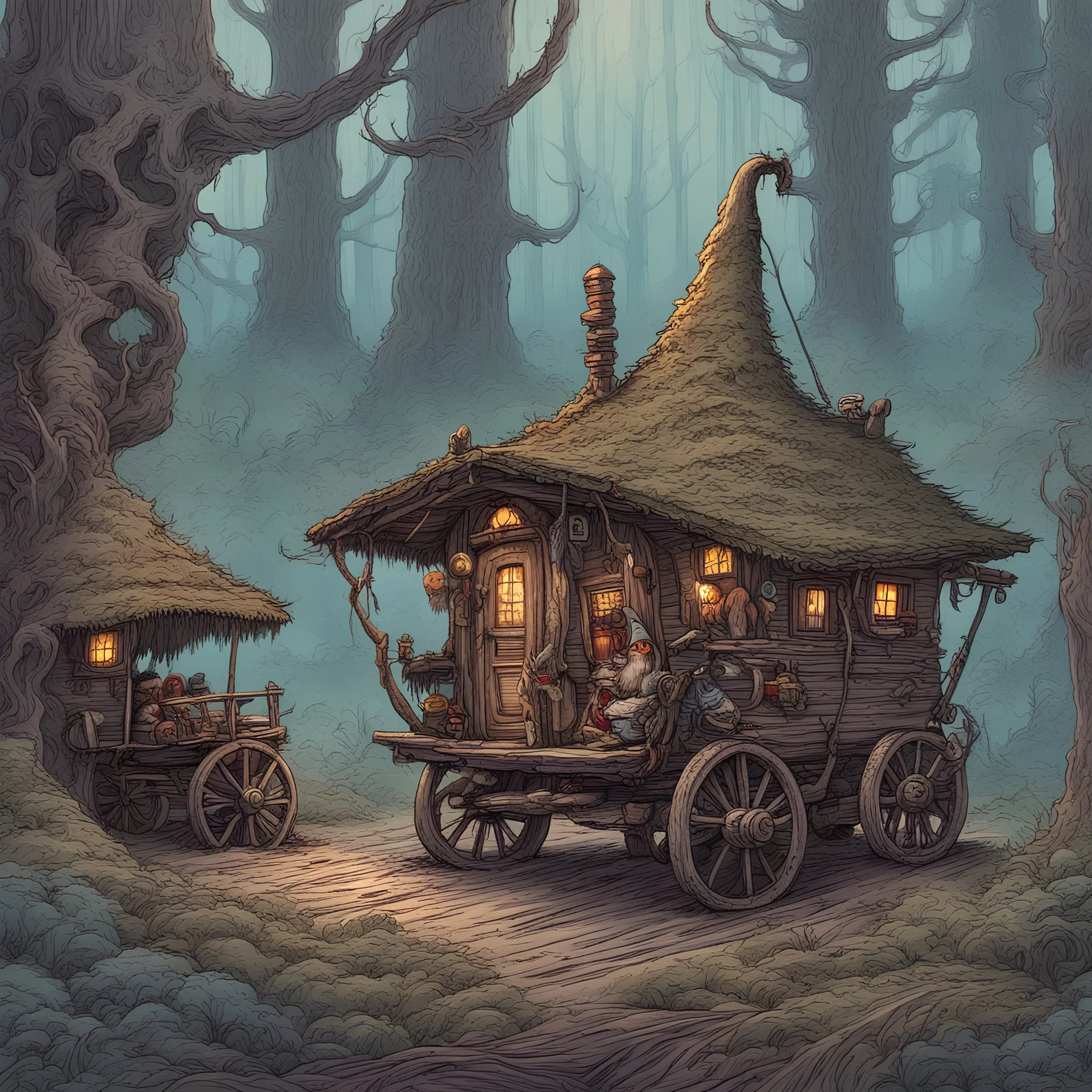 Intricately painted gipsy gnome wagons traipsing misty forests in fantasy caravan, colored ink concept art illustration, highly detailed pen drawing style for Dungeons and Dragons