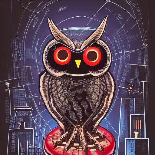 spanish illustrator, owl standing on robot hand, metal beak, red eyes, complex circuits in eyes, bombed city, luminescent lights, cimematic, michael mann movie