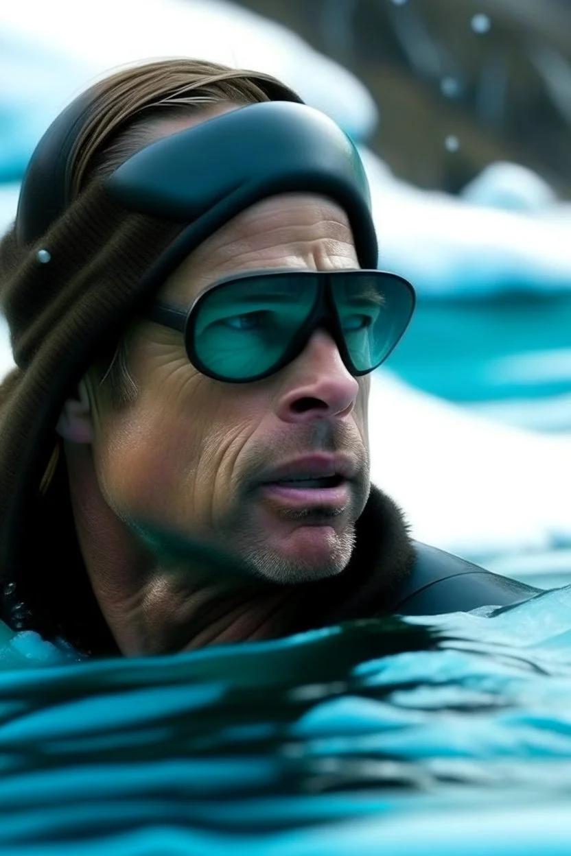 brad pitt snorkling in a frozen lake