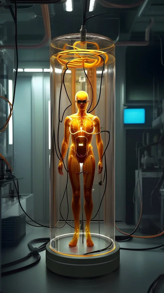 Sleeper in tube cabinet made of glass filled to the top with honey coloured liquid , in a laboratory inside it a half alien and a half human creature body standing vertically inside , connected with wires and electrical wires , the human standing in side, a high tech equipment in the background ,4K, cinematic, high resolution