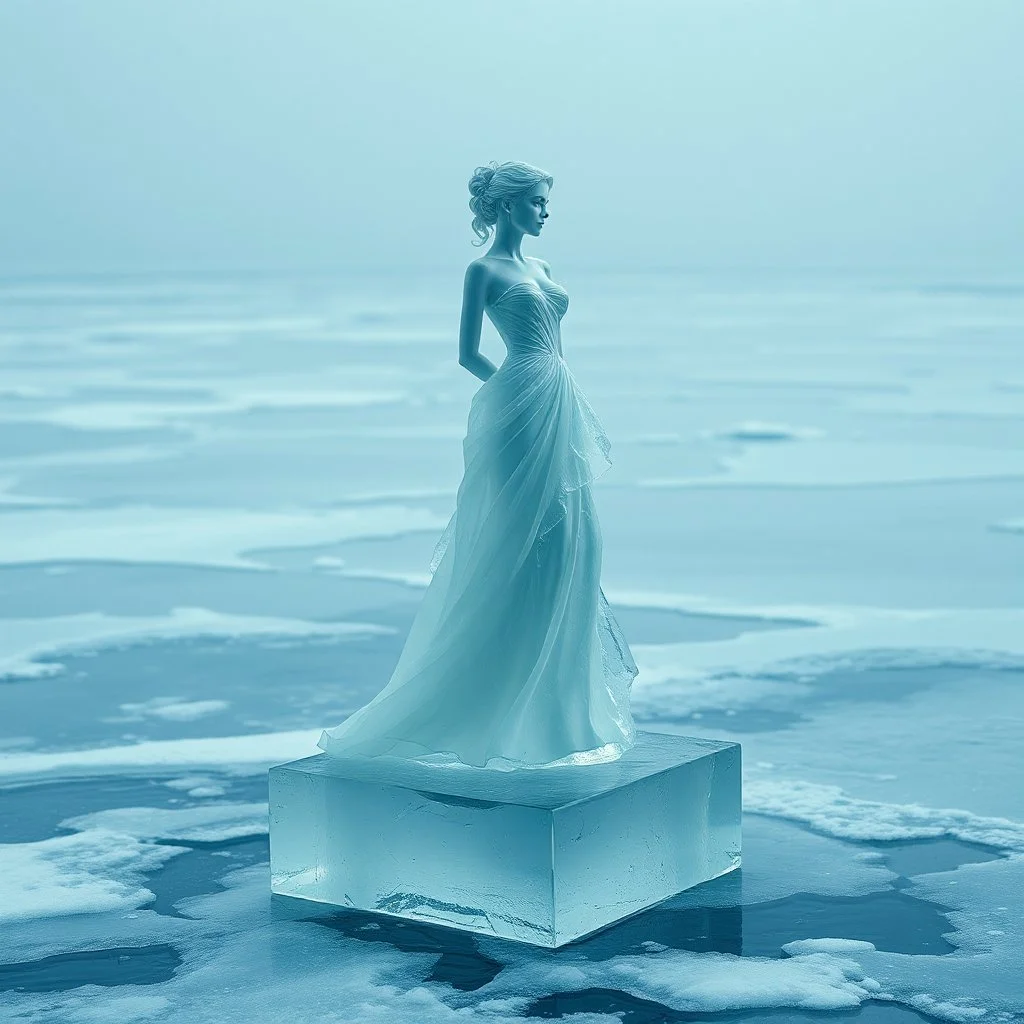 A cinematic miracle scene. An artistic ice sculpture of a woman wearing an elegant, flowing gown stands on an ice block in a frozen sea. The clear ice begins to melt