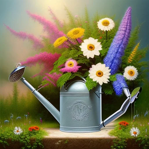 beautiful old watering can surrounded by gorgeous plants and flowers Modifiers: Award winning photography oil on canvas beautiful