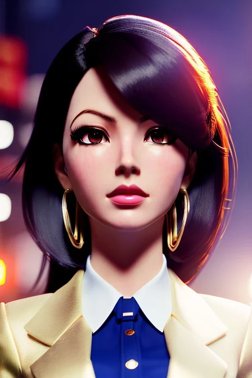 Anime business woman, dark brown hair, elegant hair, blue eyes, gold hoop earrings, waist up portrait, 8k resolution, intricate details, ornate details, soft lighting, vibrant colors, retroanime, masterpiece, intricate eyeliner, dark eyeshadow, eyes,futuristic cityscape background