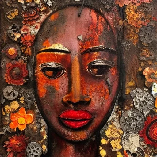 an abstract painting of rusted metal and flowers, african portrait, rust, scaffolding, iron cladding, decay, mixed media, textured, anatomically correct, beautiful perfect face, sharp focus, highly detailed