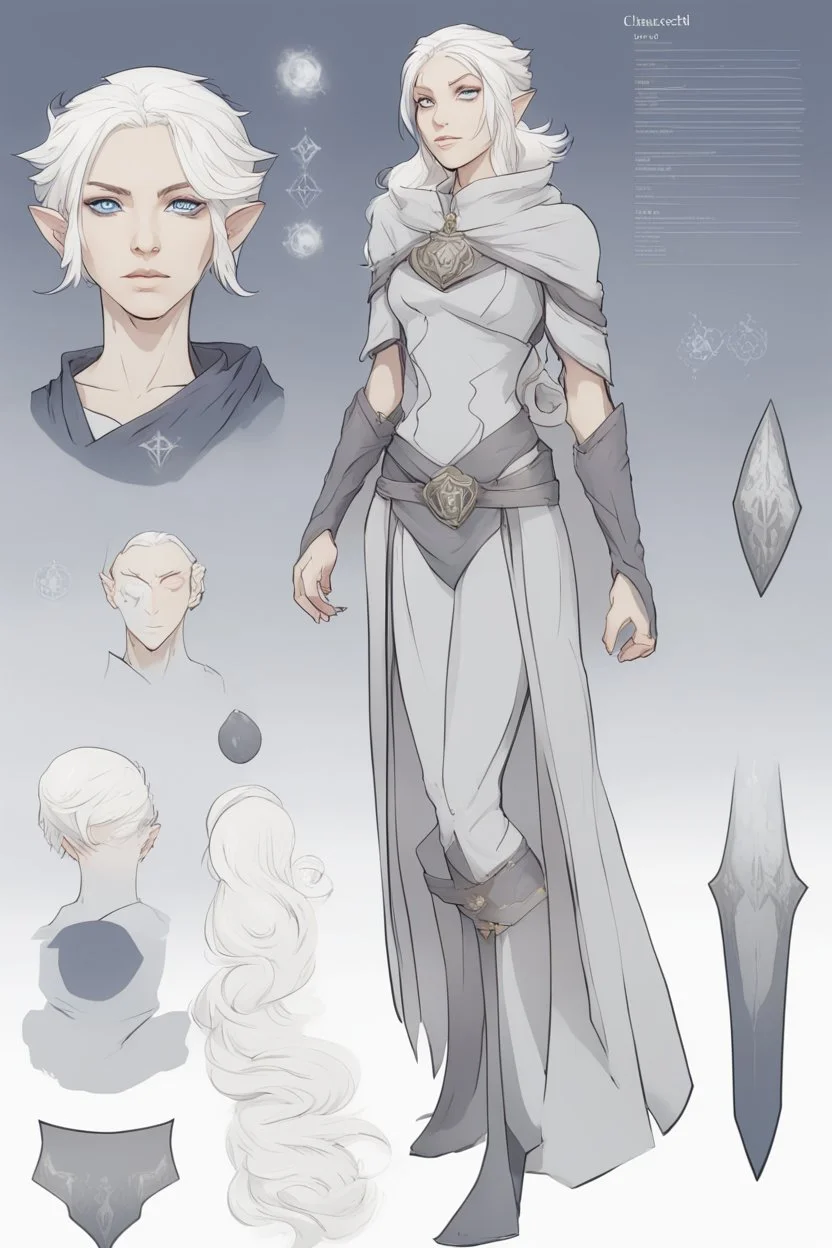 Dnd character sheet, full body. A female Moonelf twilight cleric with white hair and dark blue eyes, wearing gray robes. Etheral, muscular, beautiful