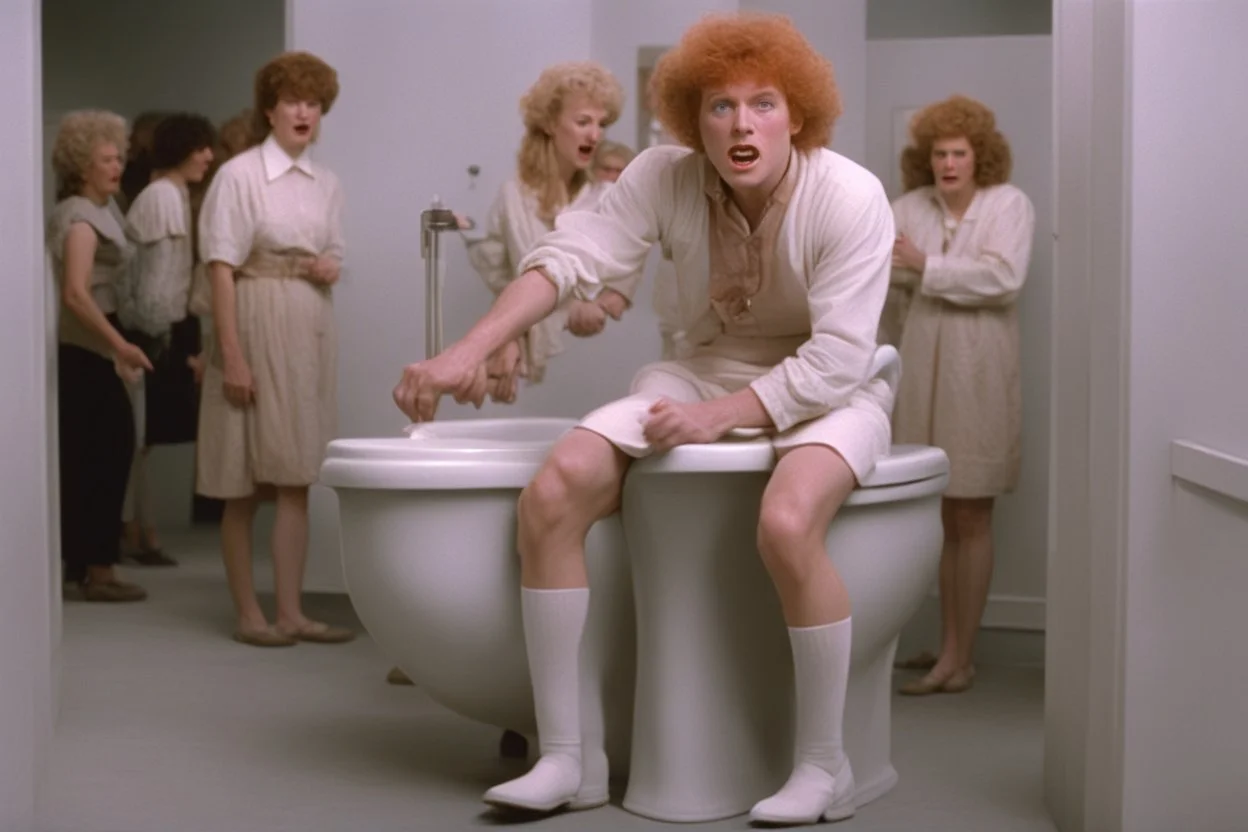 making fun at Exhibition of historical toilet humps [snapshot from the rated movie Blame it on Ginger (1986)]