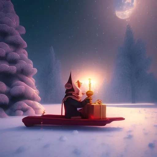 Mysterious christmas night, a heavenly floating sledge coming down to earth against the backdrop of sky, surreal atmosphere, cosmic backdrop, celestial ambience, soft lighting, very chilly appearance of the surroundings, unreal engine 5 volumetric lighting, intricate details, realistic style, 8k resolution