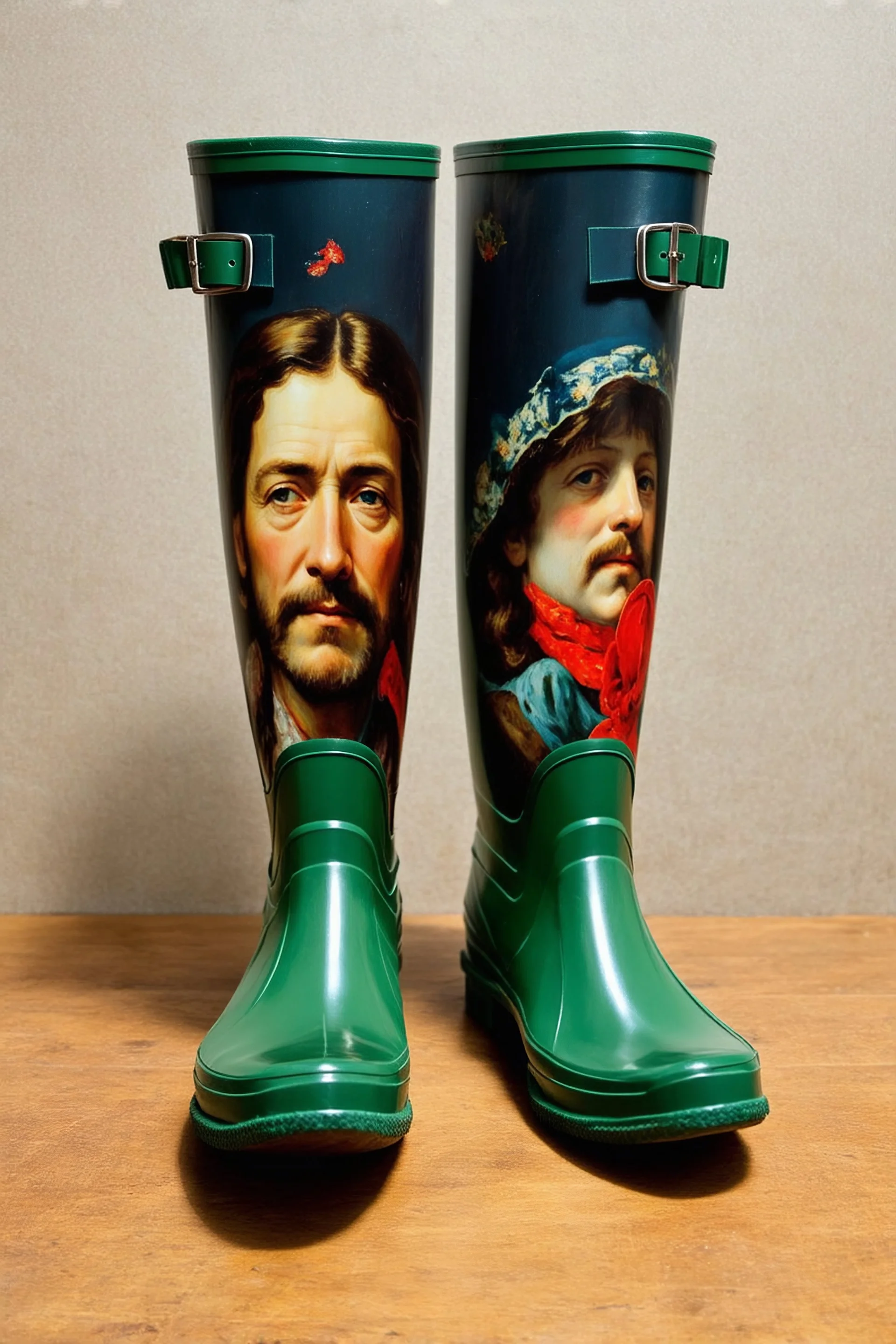 Plastic rain boots with a painting by de vinci on them, old autochrome