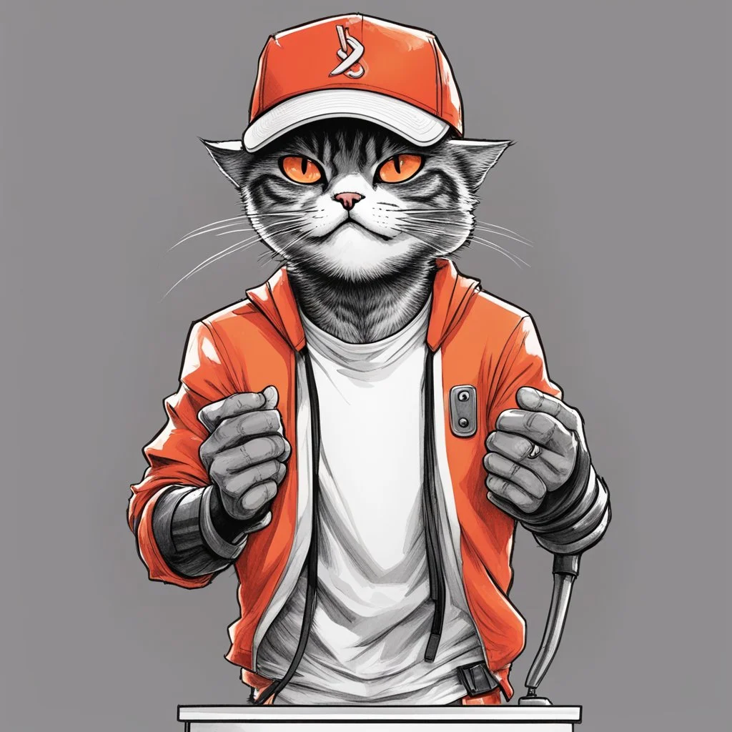 a drawing of a manga cat man with a sports cap and shirt, speaking at a (((lectern))) with a microphone, red, white, black and orange colors