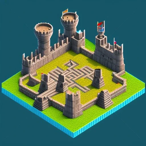 3d isometric labyrinth with stairs and pillars, pits and traps, 3 monsters, water, small castles