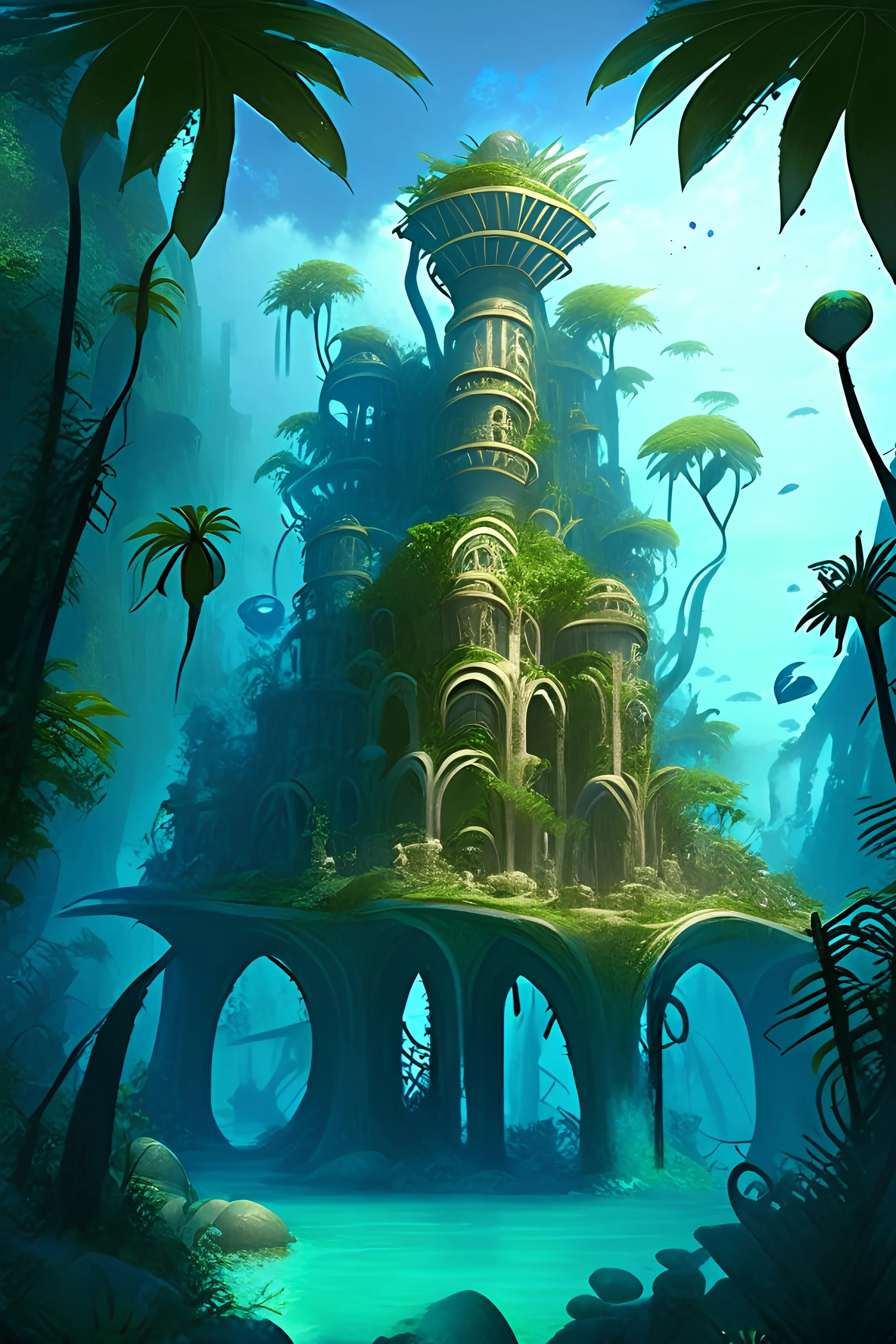 A D&D mysterious jungle island with main street leading to ruins of crumbling and ancient time worn monumental buildings, underwaterfeeling buildings built by auqutic intelligent humanoids, coral architecture, magical domes holding seawater, symbiotic arcitecture with jungle and ocean, spiral tower reminiscent of seashells, clear blue sky, ominous crumbling human settlement on the side, partly flooded and destroyed side buildings
