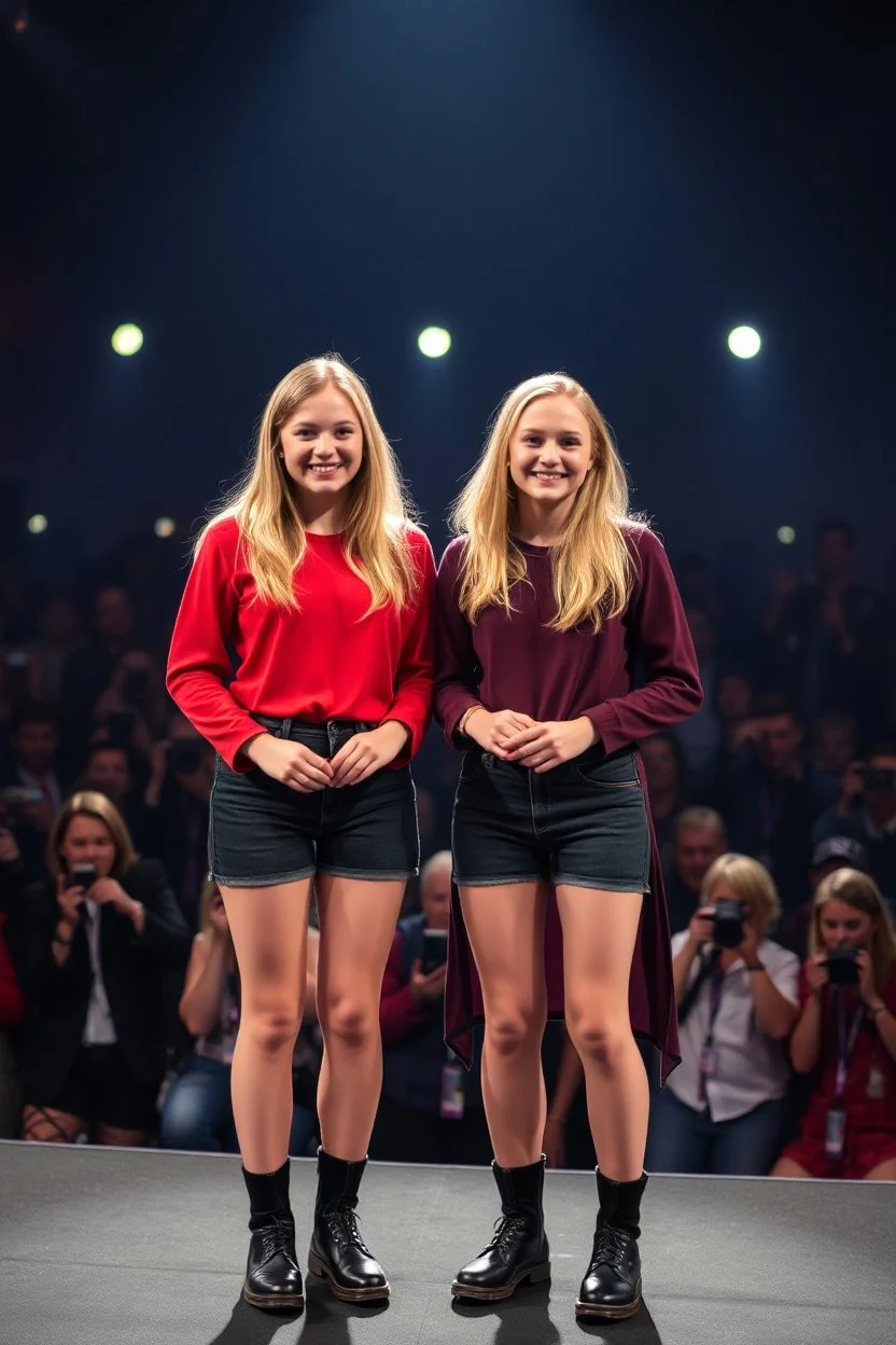 Norwegian Identical teenage twins celebrites, same sex gender standing on a stage with holding their hands, lot of photographers, flashing lights, identical twins with same sex gender