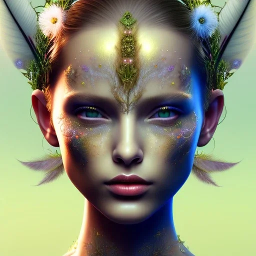 Portrait of beautiful girl, face dept of field,face shining, plant, metal, feathers,central weight average, CWA Dryad,Median filter fae, sidhe, ominous, nature, plants, wildflower sparkle,wildflower 3d view, facepaint, dnd character portrait, intricate, oil on canvas, masterpiece, expert, insanely detailed, 4k resolution, retroanime style, cute big circular reflective eyes, cinematic smooth, intricate detail , soft smooth lighting, soft pastel colors, painted Renaissance style,sharp focus