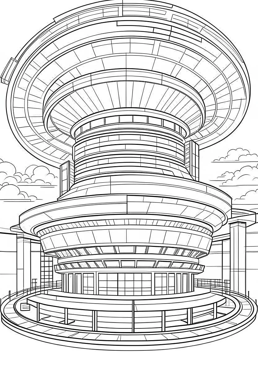 future 2050 STAR hotel, amazing unique hotel design, each unique, flat vector, full view, only draw lines, clean line art, –no sketch, white background, minimalistic black lines, minimal black color, coloring page, thin black line art, perfect shape, perfect clear lines,