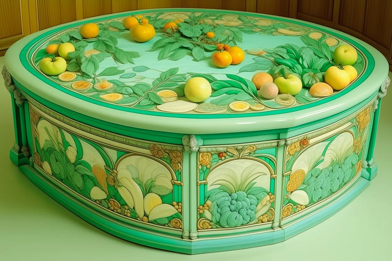 A mint colored island with fruit designed in ancient Greek mosaics painted by Albrecht Durer