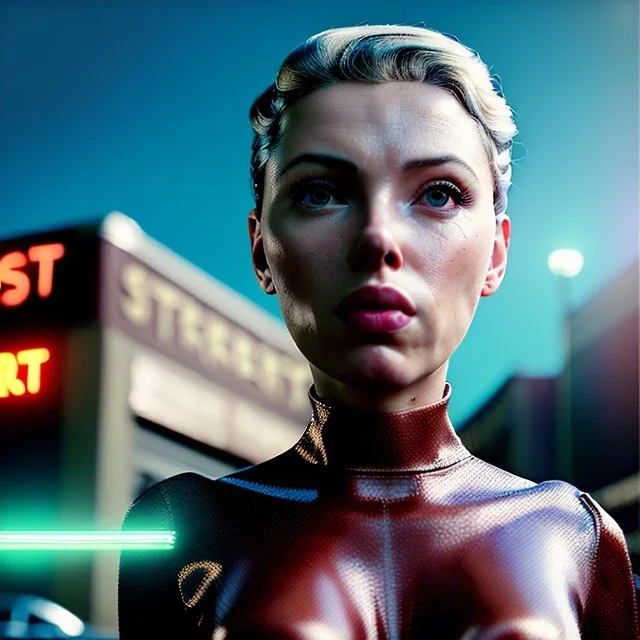 Ultra Realistic retro sci-fi movie Supermarket parking people scene, 1960 year, waist up view portrait, 1 blonde women and 1 octopus alien, sweet scarlet Johansson face, perfect iris, glow eyes, face makeup, tight latex coat. many people looking, Retro sci-fi style, soft color, highly detailed, unreal engine 5, ray tracing, RTX, lumen lighting, ultra detail, volumetric lighting, 3d, finely drawn, high definition, high resolution.