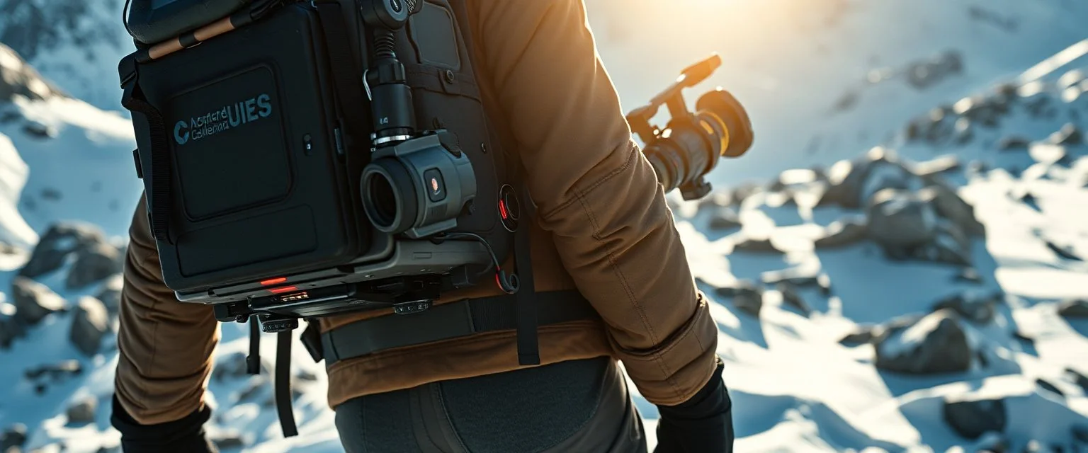“Ultra-realistic outdoor adventure scene in snowy mountains. A rugged human adventurer carries a multifunctional backpack cam rig. The rig is integrated into the backpack with a telescopic camera mast, foldable sled/runners for low-angle shots, and small stabilizing wheels. Subtle LED lights on the rig glow softly. The backpack looks natural, weatherproof, and lightweight. Snow, rocks, and sunlight create natural shadows. The camera rig is unobtrusive, blending with the environment
