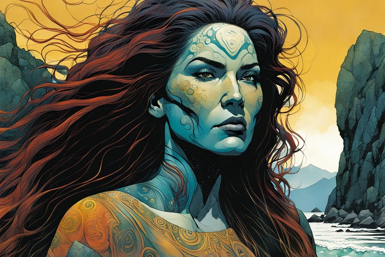 create a wildly conceptual closeup full body print illustration of a female Salish shaman with highly detailed hair and feminine facial features, along the rocky shore of Vancouver Island , in the comic book art style of Bill Sienkiewicz, Mike Mignola, Sparth, Maxfield Parrish, and Jean Giraud Moebius, finely textured, drawn, colored, and inked, suffused with dramatic natural light