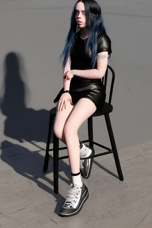 Billie Eilish, sitting on a chair, Black Short Dress, high detail, realistic