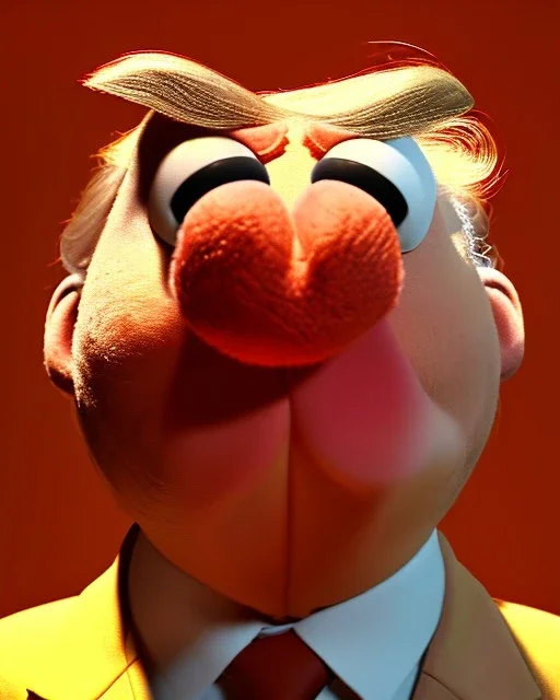 Waist up Portrait, Donald trump muppet, Sesame Street style, retro style, unreal engine 5, god lights, ray tracing, RTX, lumen lighting, ultra detail, volumetric lighting, 3d.