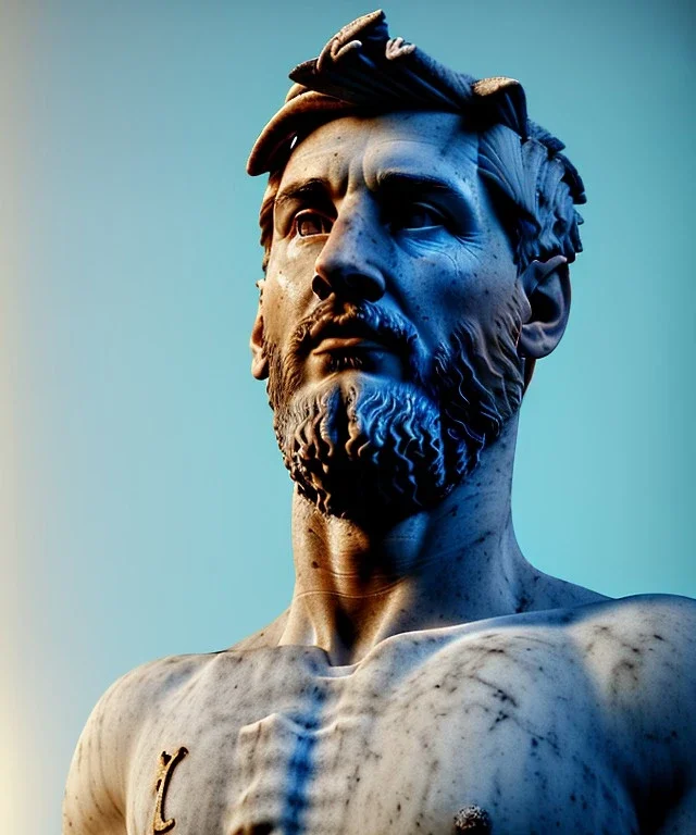 Ultra Realistic image, roman sculpture, marble deluxe material, Lionel Messi, Laurel leaves crown model, miguel angel style, chisel style, emperador, waist up portrait, cinematic lighting, God light, god rays, 4k resolution, smooth details, ornate details, soft lighting, unreal engine 5, sky background.