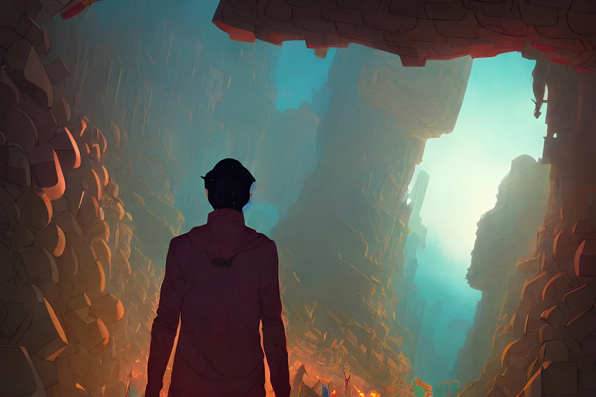 one man in a middle of a giant ancient maze, rich deep colors masterpiece, by Loish, by Bryan Lee O'Malley, by Cliff Chiang, by Greg Rutkowski, inspired by graphic novel cover art, stellar photography