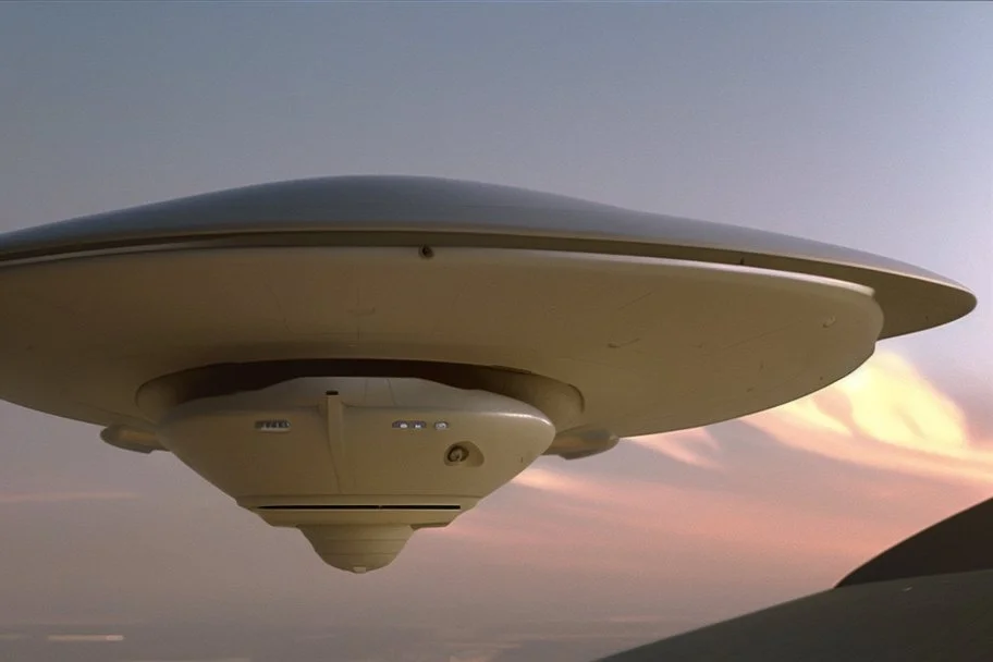 angelina jolie riding a flying saucer flying over future alien city close up of angelina jolie