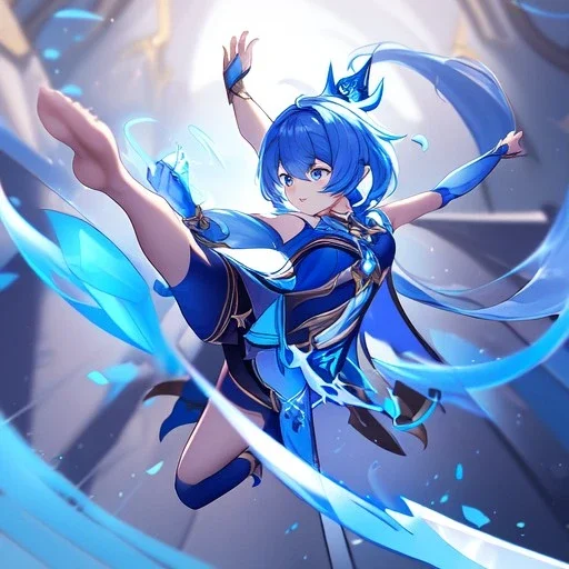 Clear focus,High resolution, Vibrant short blue hair, Vibrant blue eyes, Genshin impact inspired outfit, wearing a short skirt, kicking pose, full body