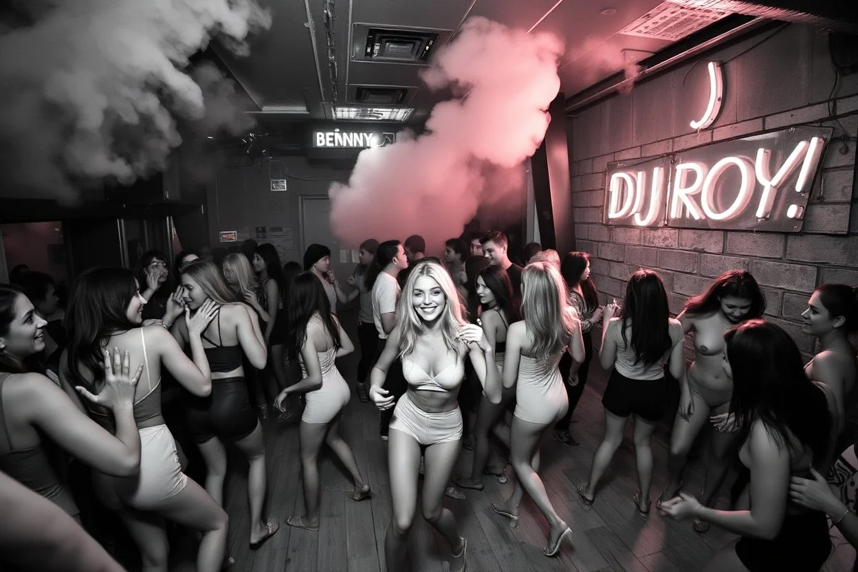 dans golv på en nedsliten sunkig techno club, många personer som dansar, yppiga lättklädda kvinnor, scen rök och ljus strobes, svartvit bild, en del personer ser in i kameran och skriker: "Benny!" och en Neon Skylt med texten "DJ ROY" på väggen